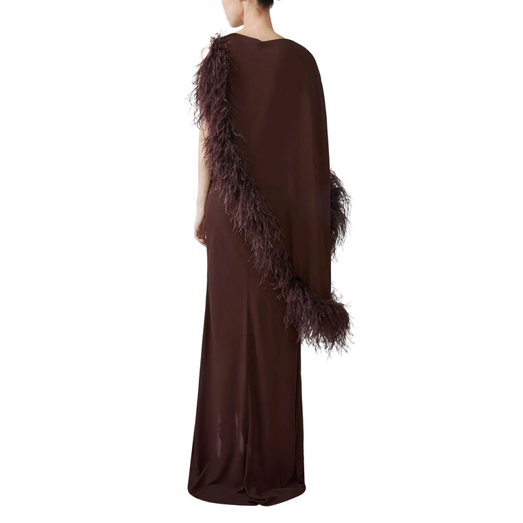 Georgette Asymmetric Draped Gown With Feathers image number null