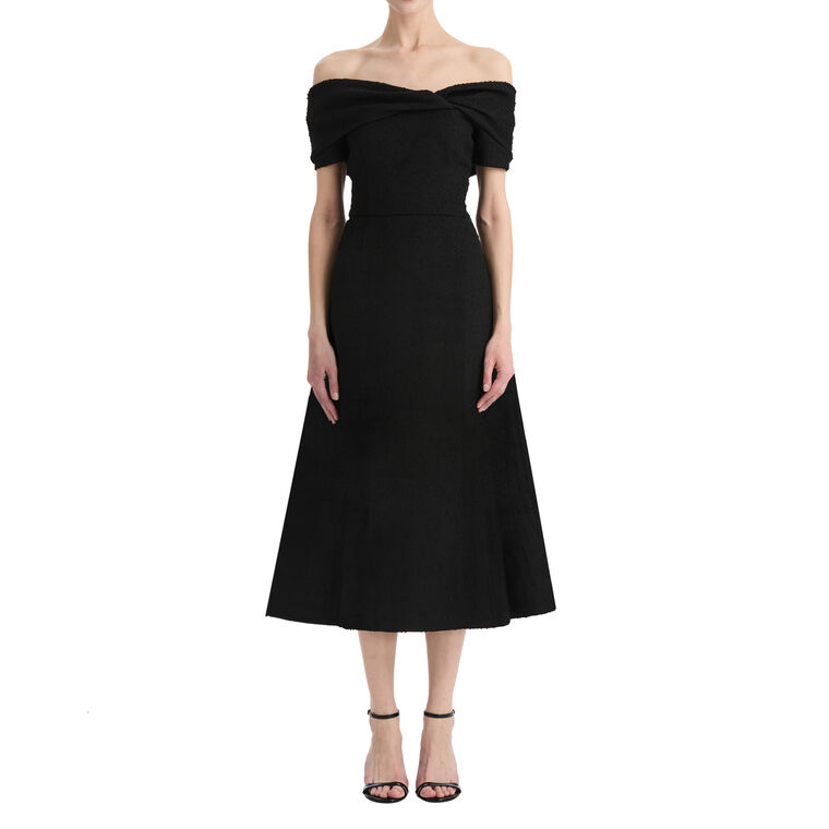 Off-The-Shoulder Slubby Wool Tweed Cocktail Midi Dress image number null