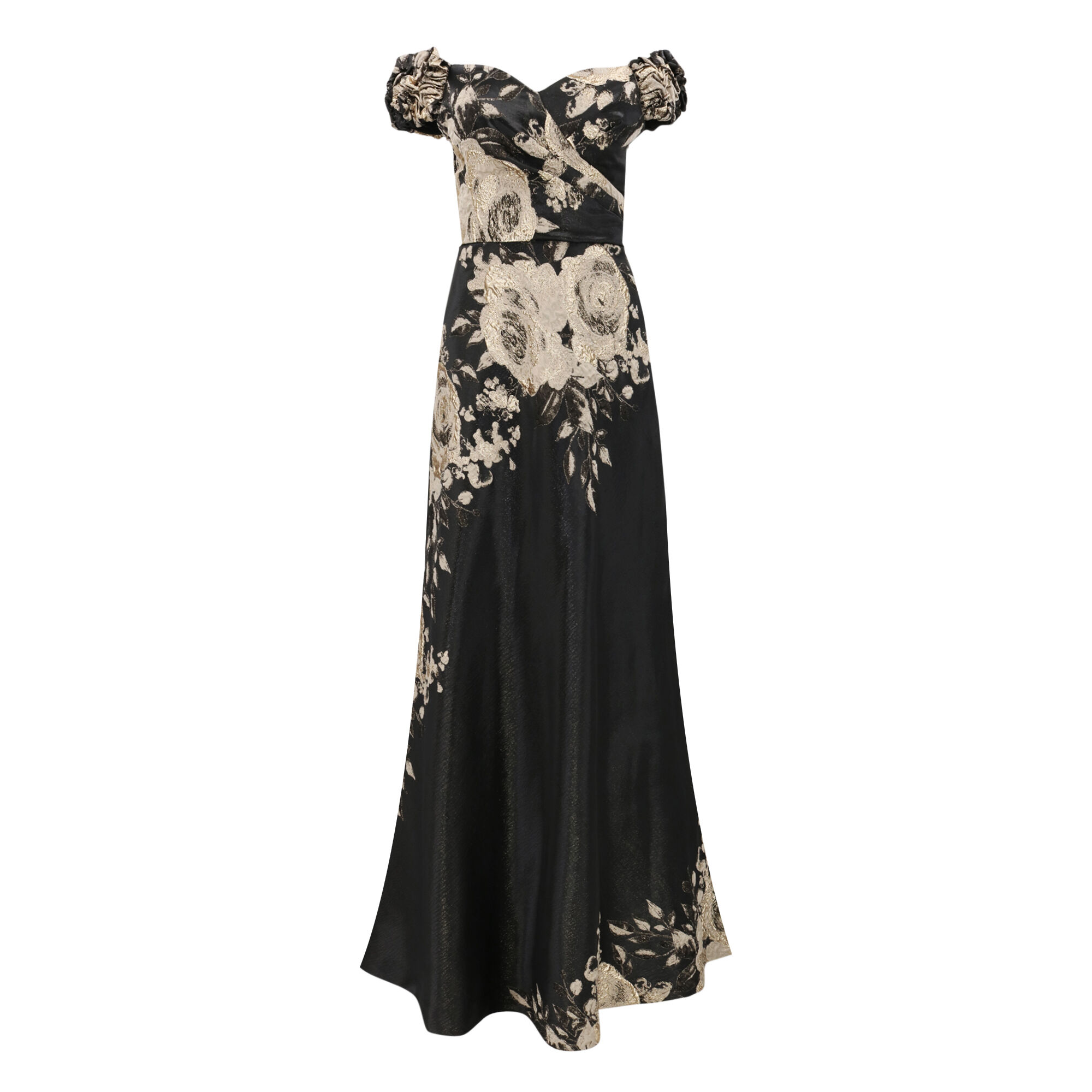 Metallic Jacquard Floral Puff Shoulder Evening Gown