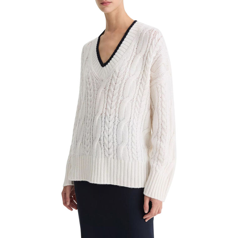 Oversized Cable-Knit Deep V-Neck Cashmere Sweater image number null