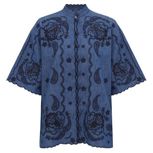 Aster Raglan-Sleeve Embroidered Denim Shirt