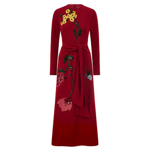 Floral Embroidery Long Sleeve Tie Waist Dress