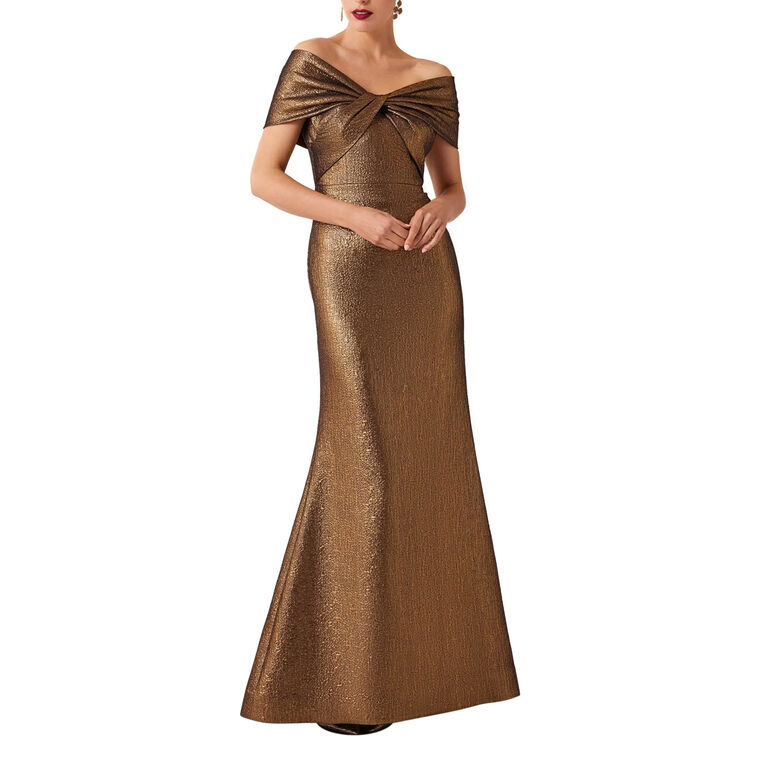 Metallic Jacquard Twist Bodice Off Shoulder Gown image number null
