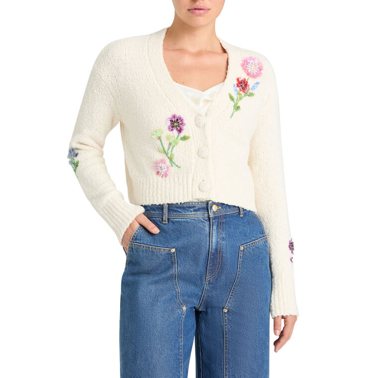 Solene Long Sleeve Floral-Embellished Boucle Cardigan image number null