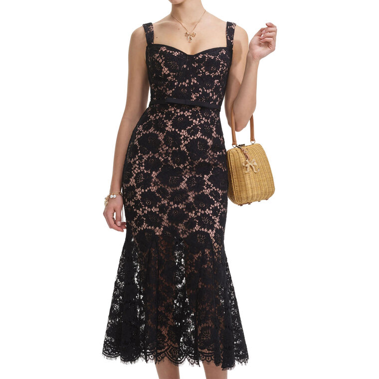 Black Fine Lace Midi Dress image number null