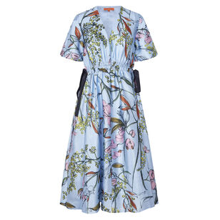 V-Neck Waist Tie Short Sleeve A-Line Midi Dress