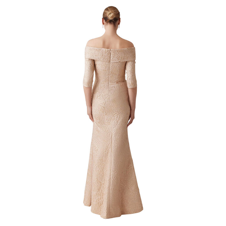 Metallic Jacquard Portrait Collar Elbow Sleeve Gown image number null