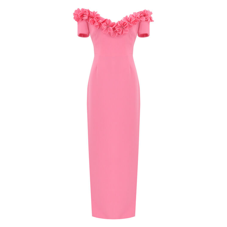 Off-Shoulder V-Neck Gown With Floral Embroidery image number null