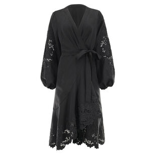 Sigal Embroidered Lace-Inset Long Sleeve Midi Wrap Dress