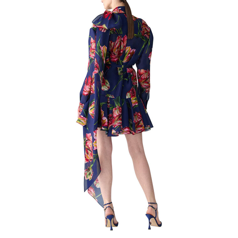 Tulip-Print Long Sleeve Mini Dress With Ruffle Hem And Bow Detail image number null