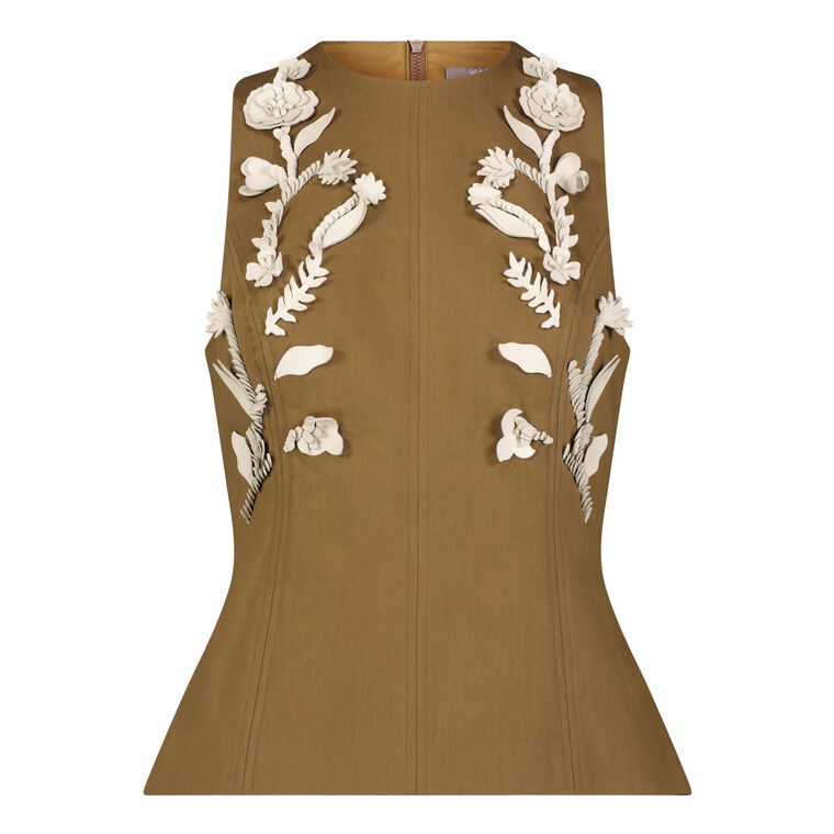 Sleeveless Leather Floral Embroidered Rustic Stretch Cotton Top image number null
