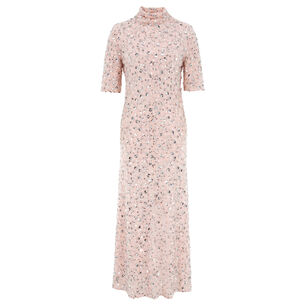 Short Sleeve Midi Dress With Silver Floral Sequin Embroidery