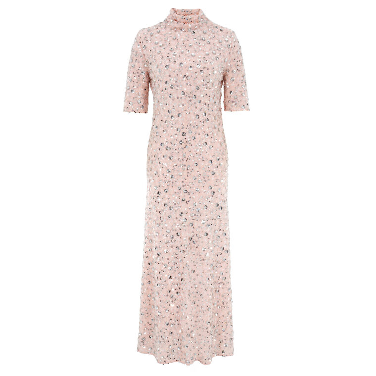 Short Sleeve Midi Dress With Silver Floral Sequin Embroidery image number null