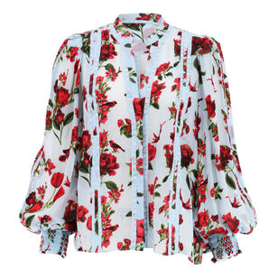 Arlette Long Sleeve Floral Print Lace Trim Blouse