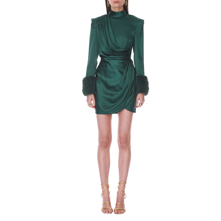 Silky Long Sleeve Mini Dress With Faux Fur Cuff image number null