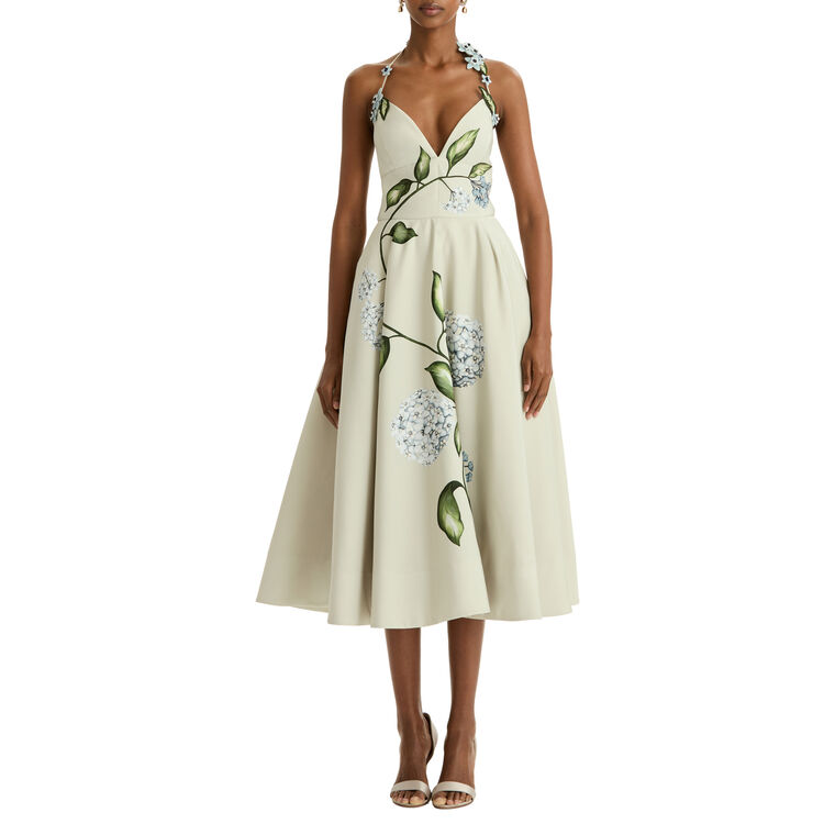 Halter Neck Porcelain Flowers Faille Cocktail Midi Dress image number null