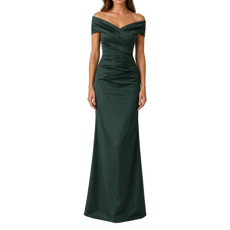 Off-The-Shoulder Stretch Satin Ruched Gown image number null