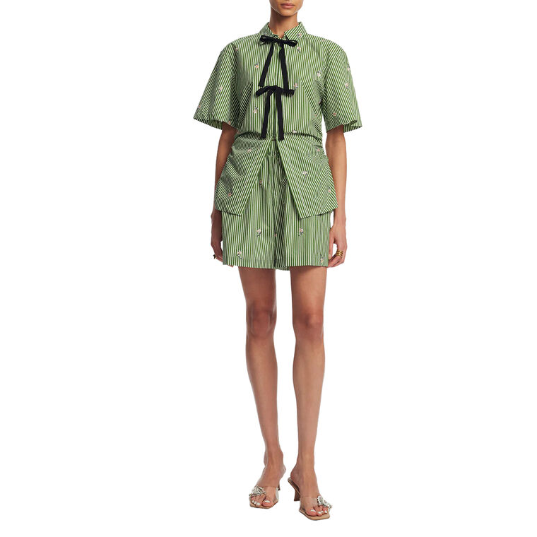 Short Sleeve Embroidered Striped Cotton Bow Front Shirt image number null