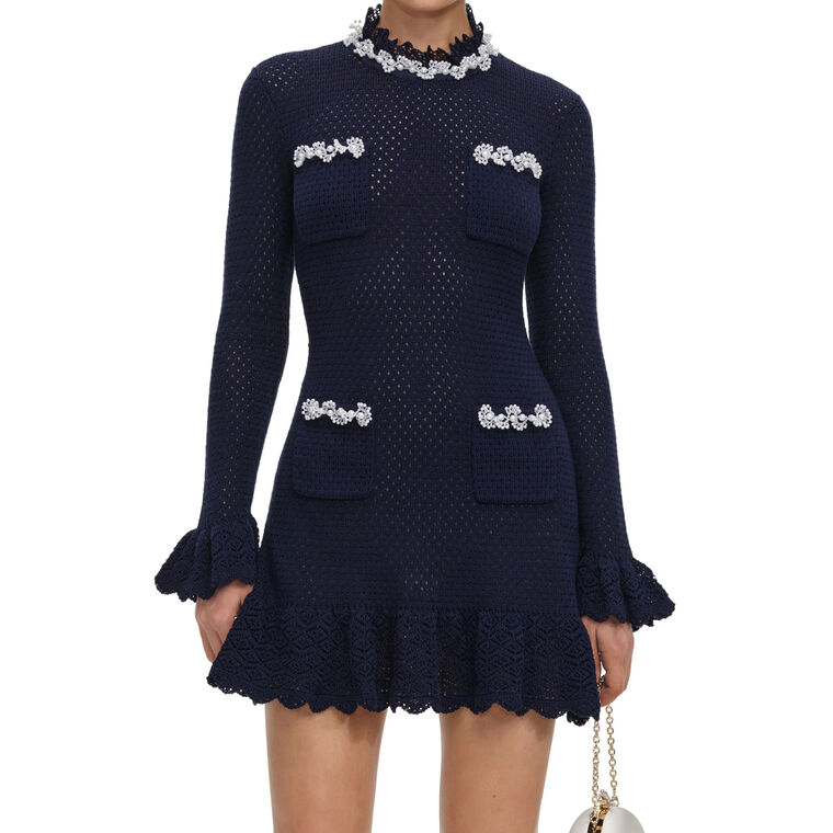 Pearl Trim Knit Mini Dress image number null