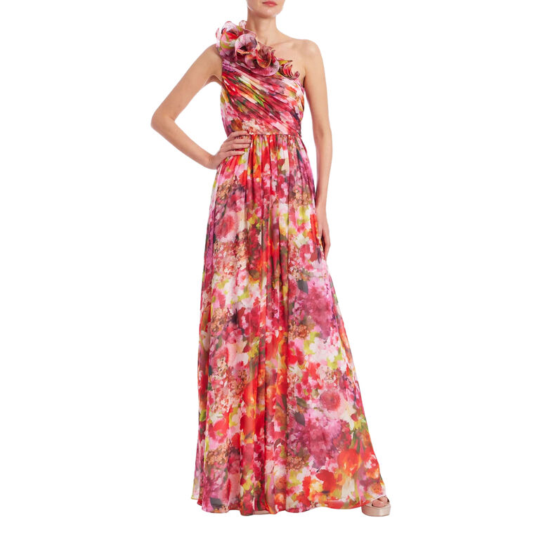 One-Shoulder Floral Print Ruffle Gown image number null