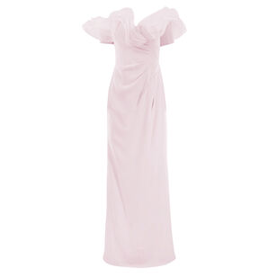 Crepe Gown With Off-The-Shoulder Ruffle Sleeves