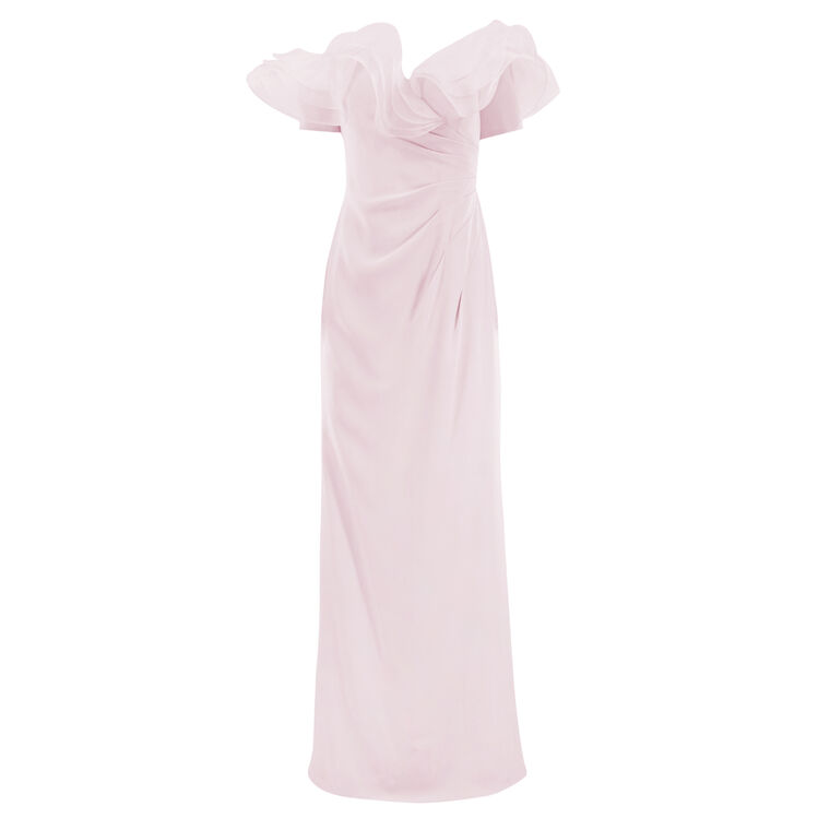 Crepe Gown With Off-The-Shoulder Ruffle Sleeves image number null