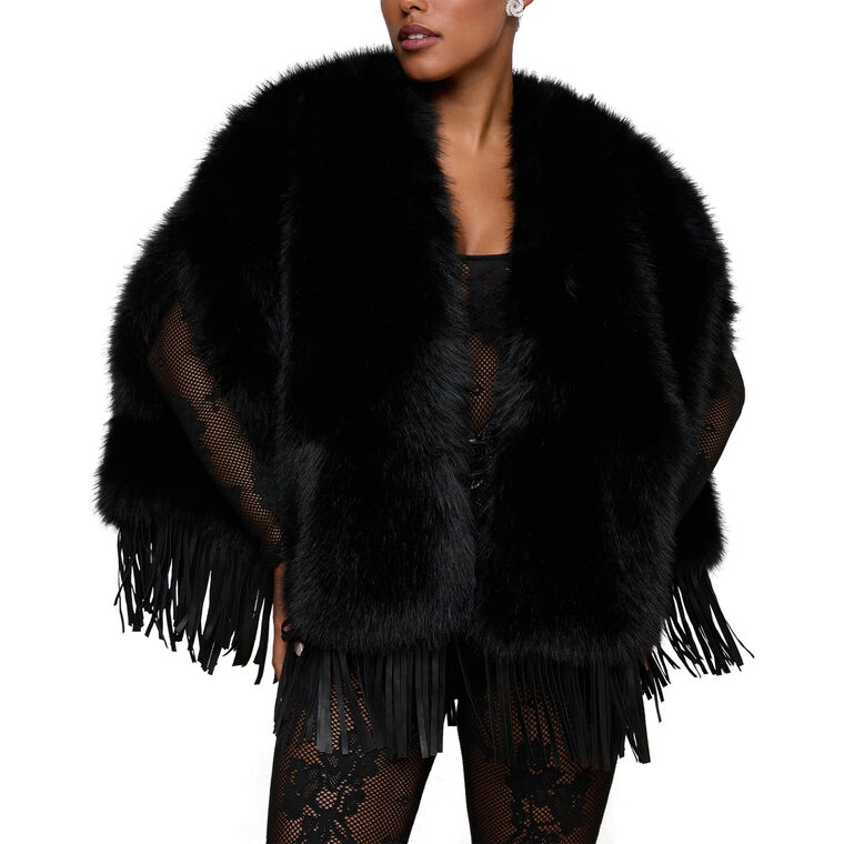 Nathalia Leather Fringe Faux Fur Cape image number null