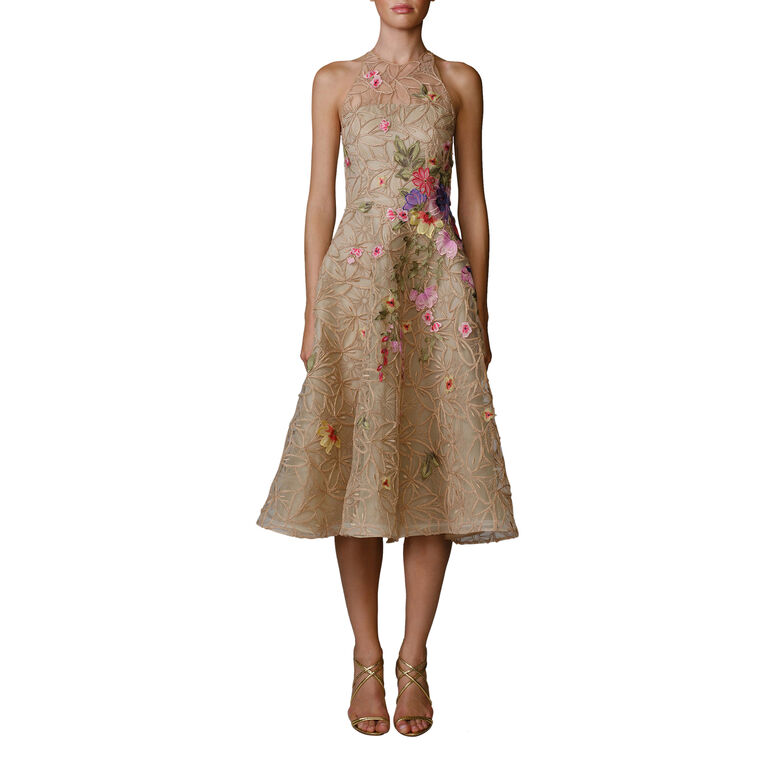 Sleeveless Illusion Raffia Floral Applique Midi Dress image number null