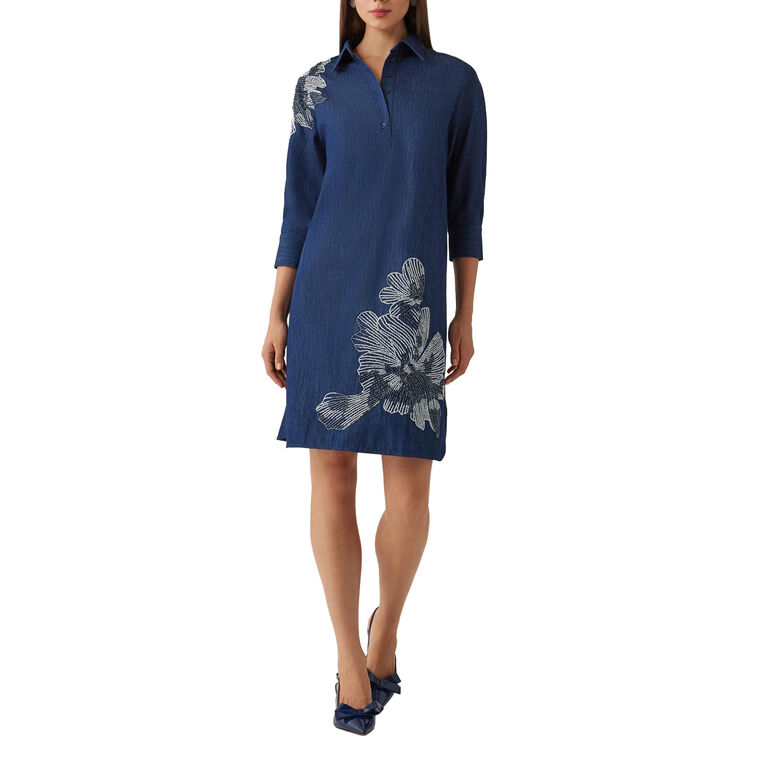 Denim Shirt Collar Tunic Beaded Trim Dress image number null