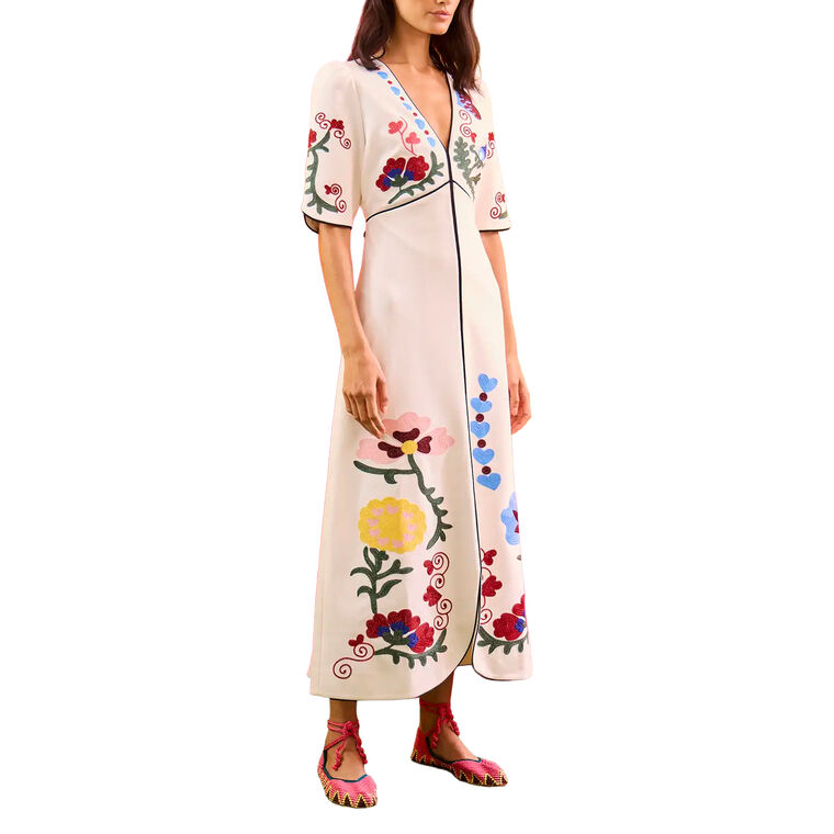 Margaritte Embroidered Short Sleeve V-Neck Midi Dress image number null