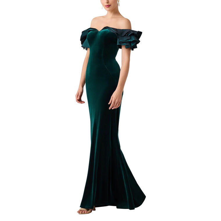 Stretch Velvet Ruffle Evening Gown image number null