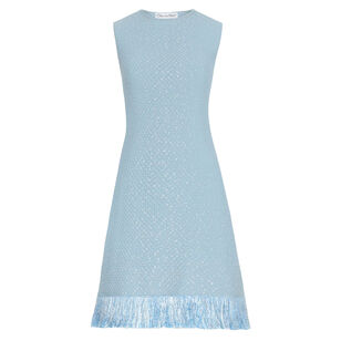 Sequin Tweed Textured Sleeveless Fringe-Trim Mini Dress