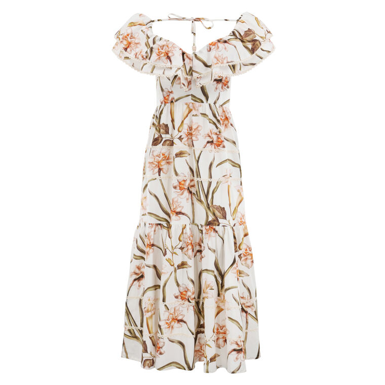 Botanic Retro Flutter Floral Chiffon Midi Dress image number null