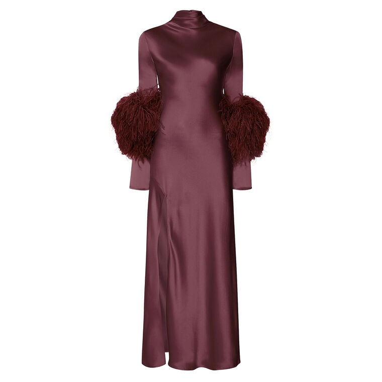 Satin Draped Neck Bias Dress With Feathers image number null