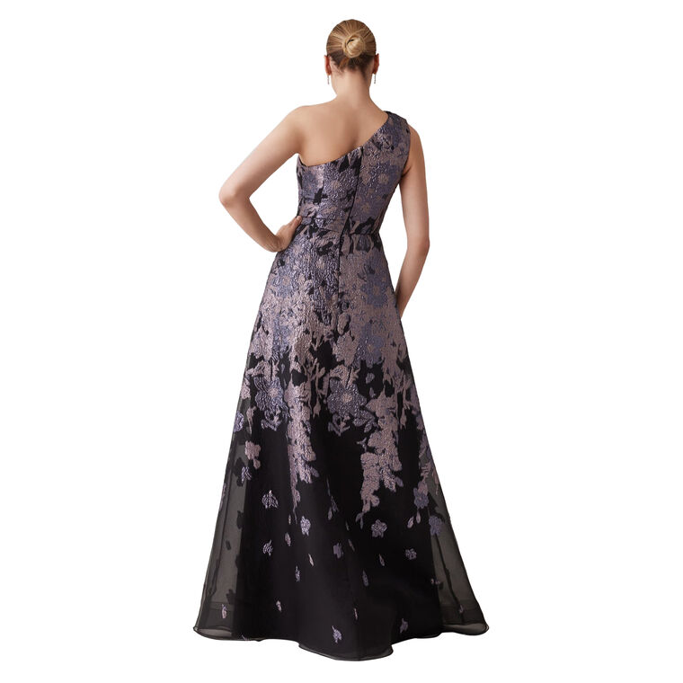 Floral Metallic Jacquard Pleated One Shoulder Gown image number null