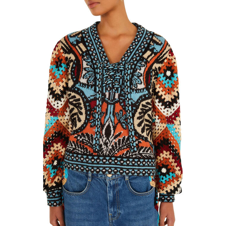 Balamana Crochet Sleeve Knit Sweater image number null