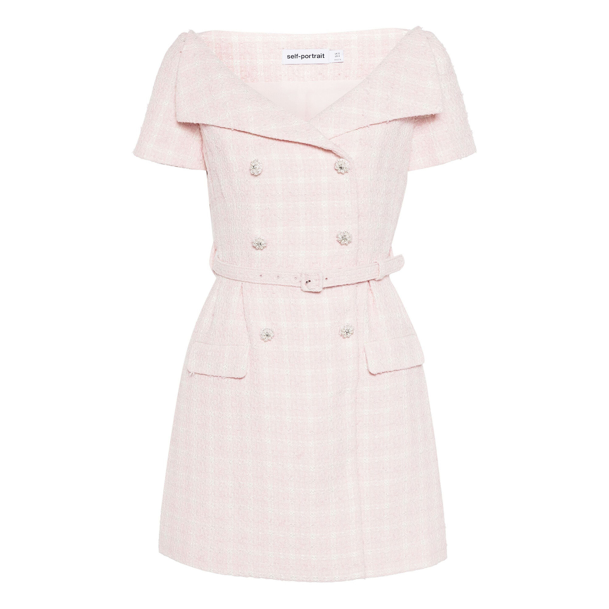 ◆Loulouseoul◆ Pearl Dot Mini Dress Scarf Set Pink Boucle Off Shoulder Mini Dress