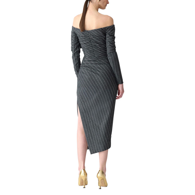 Long Sleeve Off-Shoulder Gathered Pinstripe Midi Dress image number null