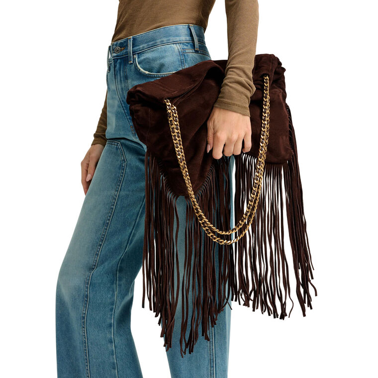 Large Suede Fringe Slouch Shoulder Bag image number null
