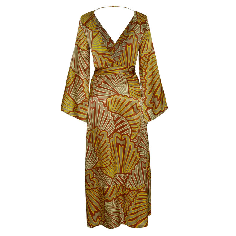 Pacifico Long Sleeve Satin Silk Midi Wrap Dress image number null