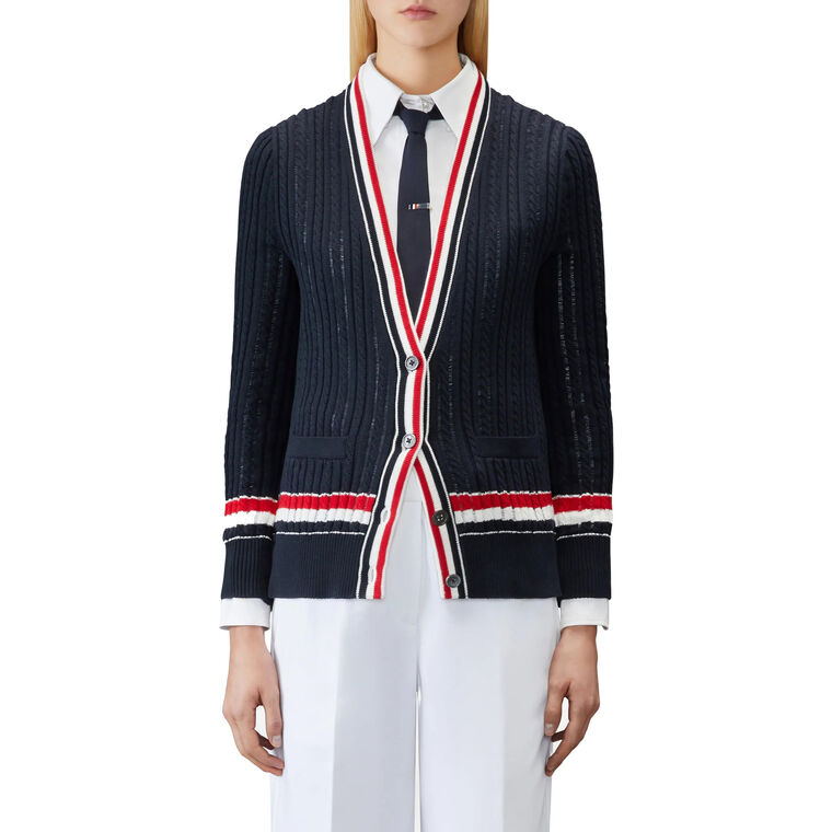 Striped Baby Ladder Cable V-Neck Elongated Cardigan image number null