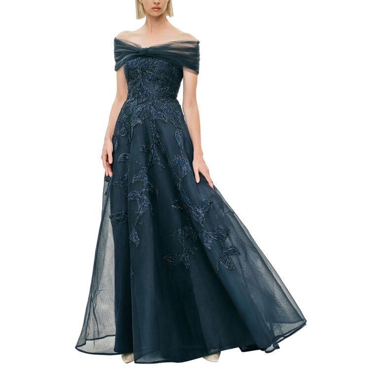 Embroidered Lace Applique Off-The-Shoulder Gown image number null