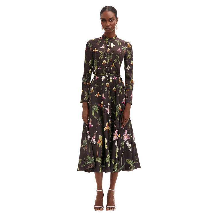 Long Sleeve Button Front Orchid Silk Twill Midi Dress image number null