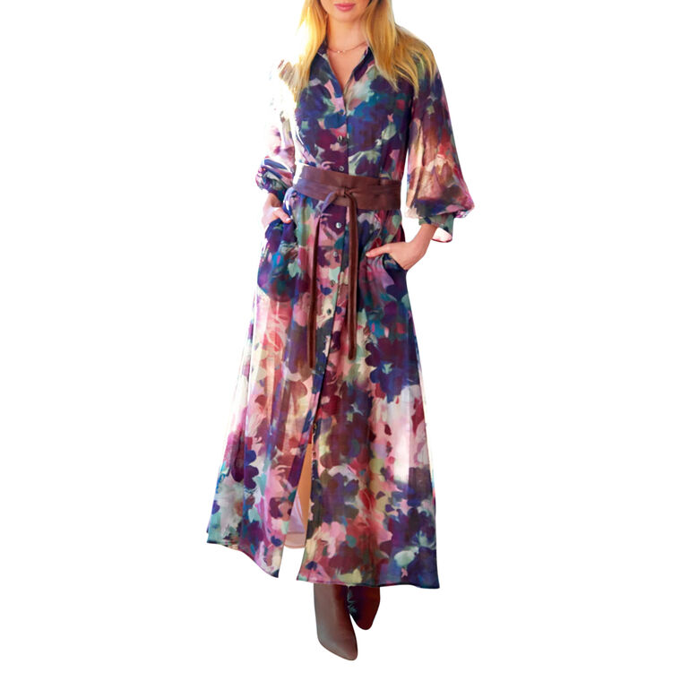 Pilar 3/4 Sleeve Watercolor Print Belted Button-Front Maxi Dress image number null