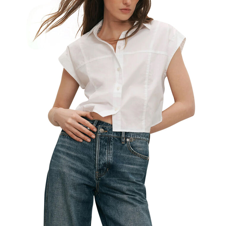 Nestor Short Sleeve Cropped Poplin Button-Down Top image number null