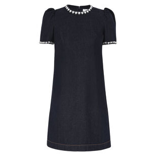 Jewel-Embellished Short Sleeve Denim Mini Dress