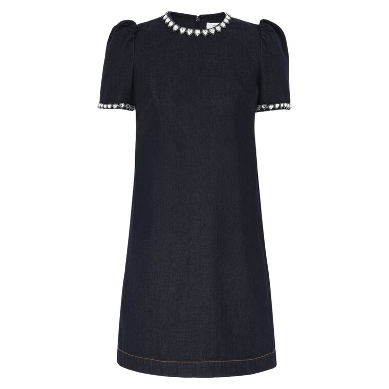 Jewel-Embellished Short Sleeve Denim Mini Dress image number null