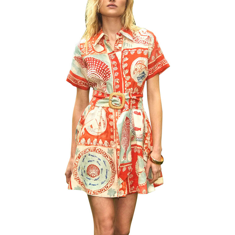 Liza Short Sleeve Costal Print Belted Mini Dress image number null