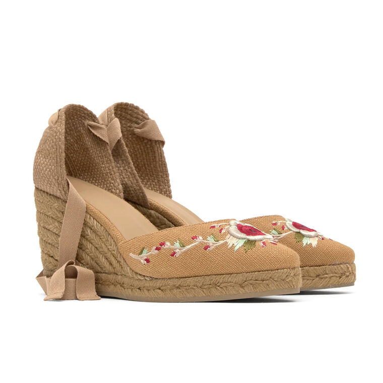 Joyce Etro Floral Embroidered Closed Toe Ankle Wrap Wedge Sandal image number null