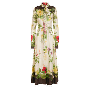 Long Sleeve Tie Neck Dominican Mixed-Floral Silk Twill Midi Dress